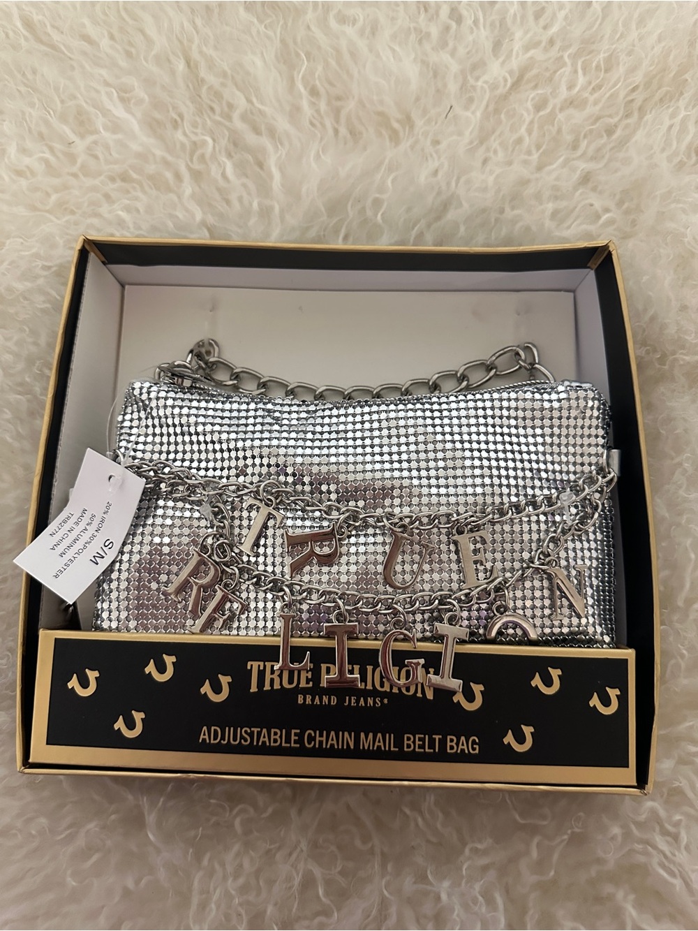 True Religion Silver Metal Mesh Chainmail Crossbody Belt Bag Charm Purse